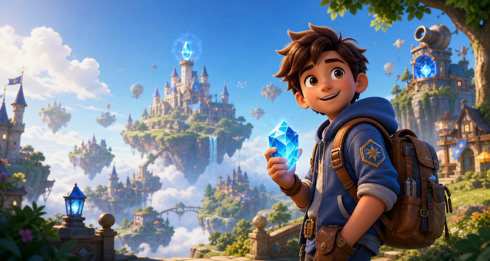 Learner adventurer holding a glowing crystal in SkillTree world